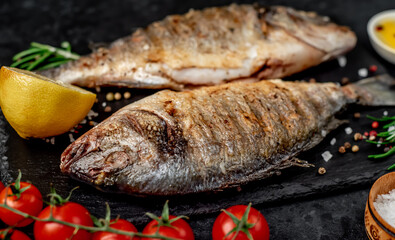 grilled dorado fish with spices on a stone background