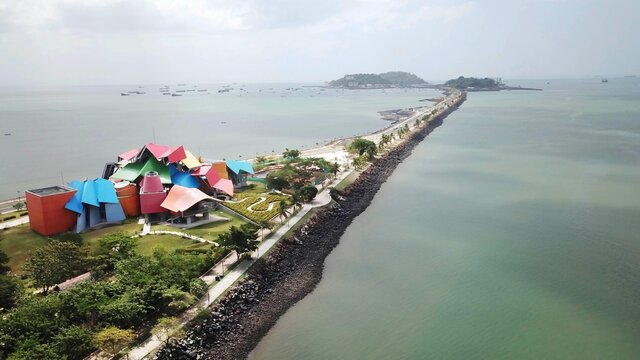 Calzada de Amador - Panama City. Aerial view of Biomuseo and path over the sea in Panama