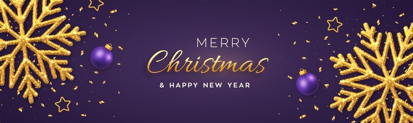 Christmas purple background with shining golden snowflakes, gold stars and balls. Merry christmas greeting card. Xmas background, horizontal poster, banner, headers website. Vector Illustration.