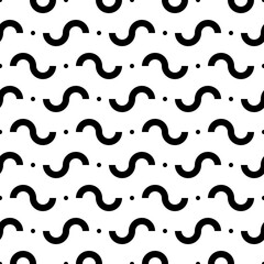 Curves, dots seamless pattern. Curved lines, mini circles print. Ethnic ornament. Folk wallpaper. Tribal motif. Wavy stripes, spots background. Geometrical shapes backdrop. Abstract image. Vector art.