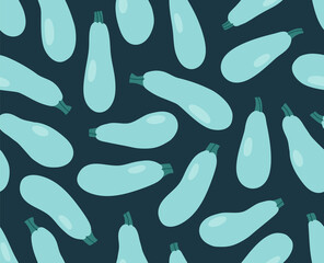 Seamless pattern of blue zucchini on deep blue background. Hand-drawn zucchini set. Trendy vegan food background for textile, fabric, paper. Suitable for illustrating healthy eating, local farm.