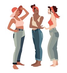 Multiracial women dressed in jeans and bras. Happy girls smiling. Body positive. Love your body. Isolated characters on white background. Vector flat cartoon illustration.	