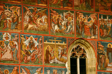 Beautiful frescoes painted in 1537 on the outer walls of Moldovita Monastery, UNESCO world heritage...