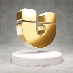 Magnet icon. Shiny golden Magnet symbol on white marble podium.