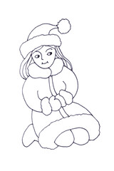 Girl in a Christmas costume and mittens sits in the snow, graphic drawing on a white background