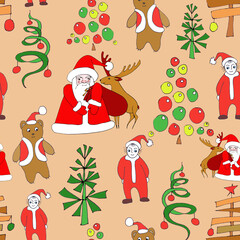Christmas seamless pattern with Santa, trees and other characters, graphic linear color drawing on orange background