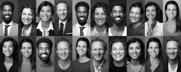 Group of different people in front of a colored background