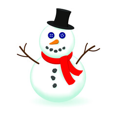Cute traditional smiling snowman with red scarf, carrot nose, button eyes and black top hat