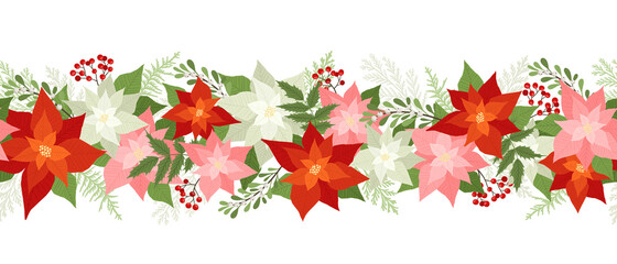 Seamless Christmas border with poinsettias, holly berries, rowan berries, winter plants, pine branches. Xmas vector illustration, holiday pattern