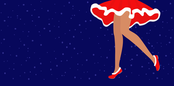 Santa woman or girl legs in short red flared Christmas skirt