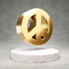 Peace icon. Shiny golden Peace symbol on white marble podium.
