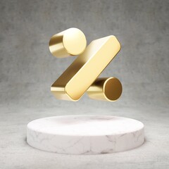 Percentage icon. Shiny golden Percentage symbol on white marble podium.