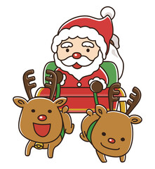 クリスマスにソリに乗るサンタクロースとトナカイ