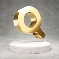 Search icon. Shiny golden Search symbol on white marble podium.