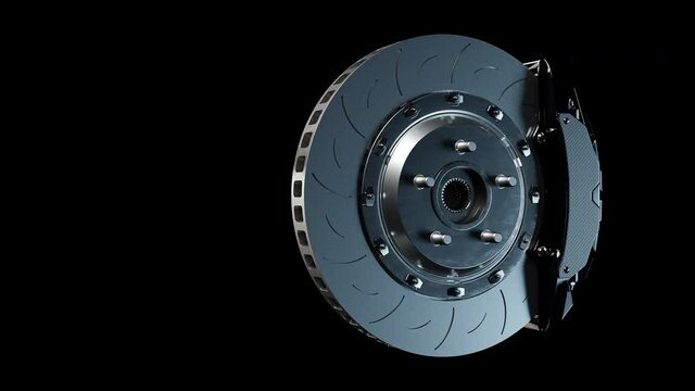 Brake Disc and black Calliper on black background. Brake from Racing car and Animation seamless loop.  3D Render.