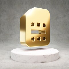 Sim Card icon. Shiny golden Sim Card symbol on white marble podium.