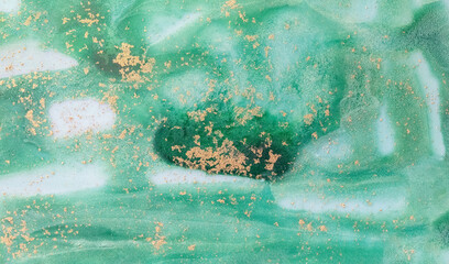 Watercolor background of dark green artistic brush strokes with bright golden dust. Hand drawn watercolour painting. Beautiful decoration for design, poster, web site, template, banner, backdrop.