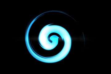 Blue fire with luminous swirling on black backdrop. Glowing spiral with light circles light effect, abstract background