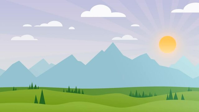 from sunset to moonrise at night - colorful cartoon animation of a drawing with beautiful nature landscape with mountains, trees and a sky with clouds and stars