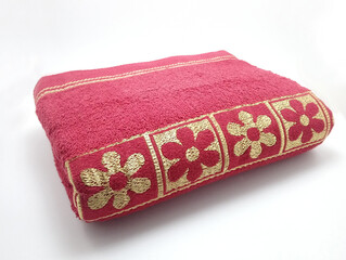 Red dye with gold flower accent cotton fibrous bath body towel