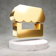Store icon. Shiny golden Store symbol on white marble podium.