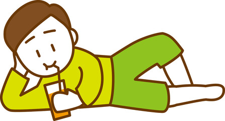 寝転んでジュースを飲んでいる男性のイメージイラスト