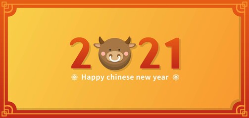 Chinese and Taiwanese Lunar New Year, Year of the Ox, 2021, Chinese Zodiac, Banner Card, Cartoon Vector Illustration