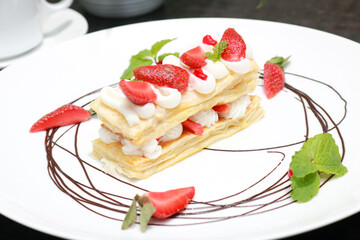 Strawberry Mille Feuille cake in white plate