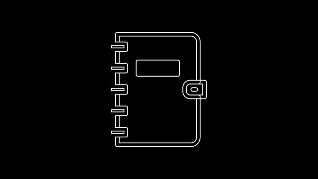 White line Notebook icon isolated on black background. Spiral notepad icon. School notebook. Writing pad. Diary for school. 4K Video motion graphic animation