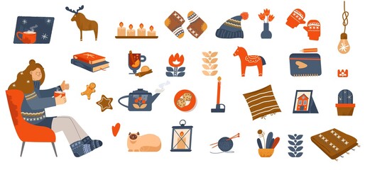 Winter elements, Hygge concept design. Merry Christmas greeting card. Nordic, Scandinavian things. Stay home collection