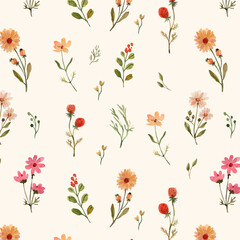 Watercolor Seamless Pattern with Warm Wildflowers