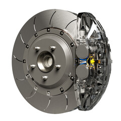 Brake Disc and Clear transparent Calliper for car. Isolated on white background and Clipping path. 3D Render.