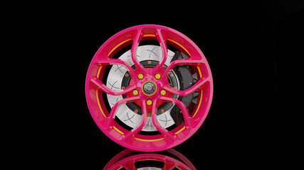Fototapeta premium Pink alloy wheel.Pink alloy wheel and modern Brake Disc on black background. 3D render.