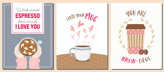 Set of greeting cards with cofee and love theme. Punny Valentine's Day cards for coffee lovers.