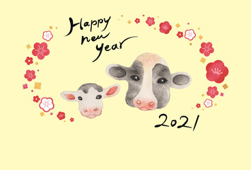 年賀状 2021年 水彩画 牛の親子 顔アップ 梅の花 背景イエロー（賀詞：あり／添え書き：なし）