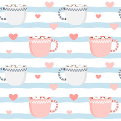 Seamless pattern with hot chocolate mugs and hearts. For wrapping paper, background, fabric, scrapbooking, etc.