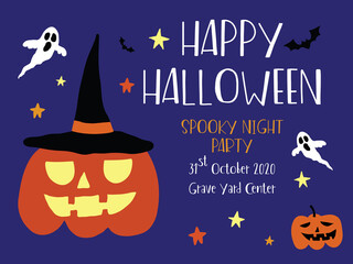 Halloween party invitation card in theme spooky night with jack o lantern and pumpkins , ghost, bat, stars for decoration.