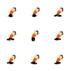 Seated side bend with hands behind a head yoga asanas set/Illustration stylized woman practicing sukhasana and other poses with side stretch
