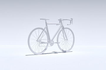 Fototapeta na wymiar white bicycle on white background. Abstract Image of White Painted Racing Bicycle, Low Side View, Isolated Against White. Illustration, Created in 3d Software. 3d Render.