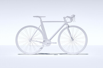white bicycle on white background. Abstract Image of White Painted Racing Bicycle, Low Side View, Isolated Against White. Illustration, Created in 3d Software. 3d Render.