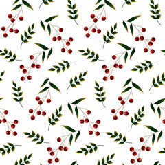 A pattern of branches with red berries and green leaves. Vector illustration isolated on white background. For fabrics, packaging, scrapbooking and decor.