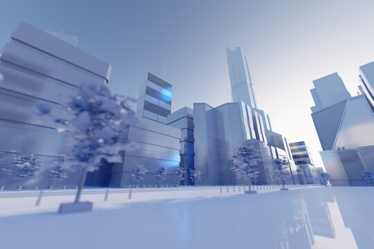 Clean futuristic city street with white, clean aesthetic. Digital 3D render.