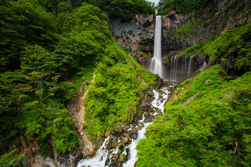 Obraz na płótnie Canvas Beautiful mountain waterfall scenery close-up