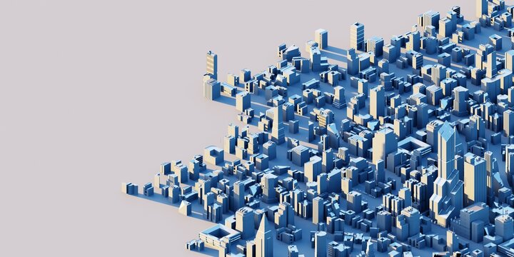 Modern, clean city in isometric perspective with white background. Digital 3D render.