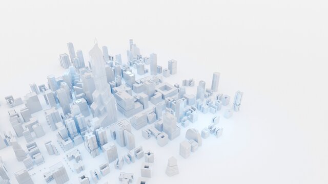 Modern, clean white city with white background. Digital 3D render.