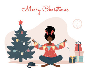 Smiling african woman decorating Christmas tree. New year vintage postcard. The girl unwinds the garland. Preparing home before holiday celebration. Cute vector illustration in flat cartoon style.