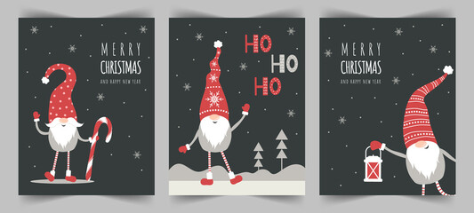 Christmas cards with cute scandinavian gnomes in red hats. Season greetings. Merry christmas and happy New year. Funny vector illustration in flat style. Nordic vintage postcards.
