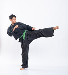 Asian men wearing pencak silat uniforms with green belts kicking one leg to the side while on the...