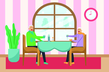 Winter holiday vector concept: Senior couple enjoying romantic quality time together while drinking wine