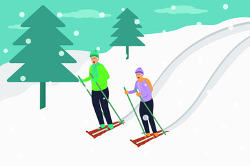 Winter holiday vector concept: Senior couple skiing together in the snowy hill while enjoying leisure time